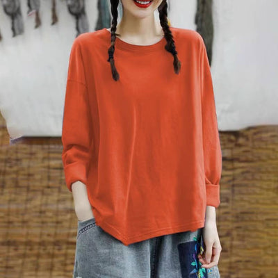 Autumn 100% Cotton Solid Color Round Neck Long Sleeves Pull o vers
