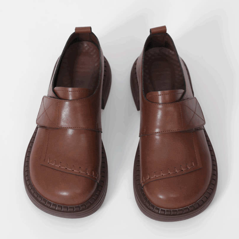 Top Leather Retro Solid Color Round Toe Velcro Flat Shoes