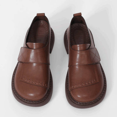 Top Leather Retro Solid Color Round Toe Velcro Flat Shoes