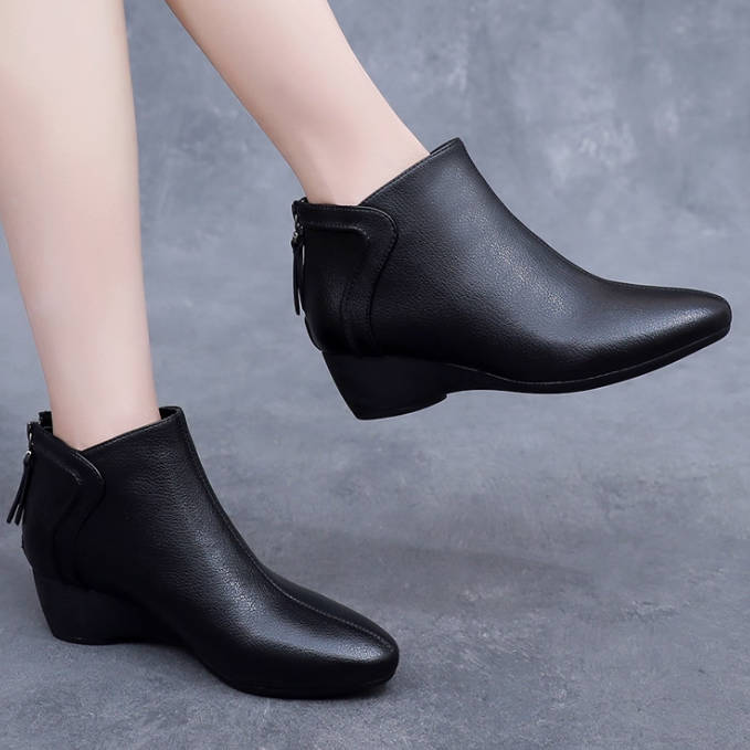 Sheepskin Leather Autumn Pointed Toe Versatile Zipper Ankle Boots
