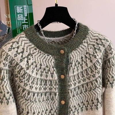 Retro Winter Round Neck Soft Thick Single-Breasted Printed Sweater