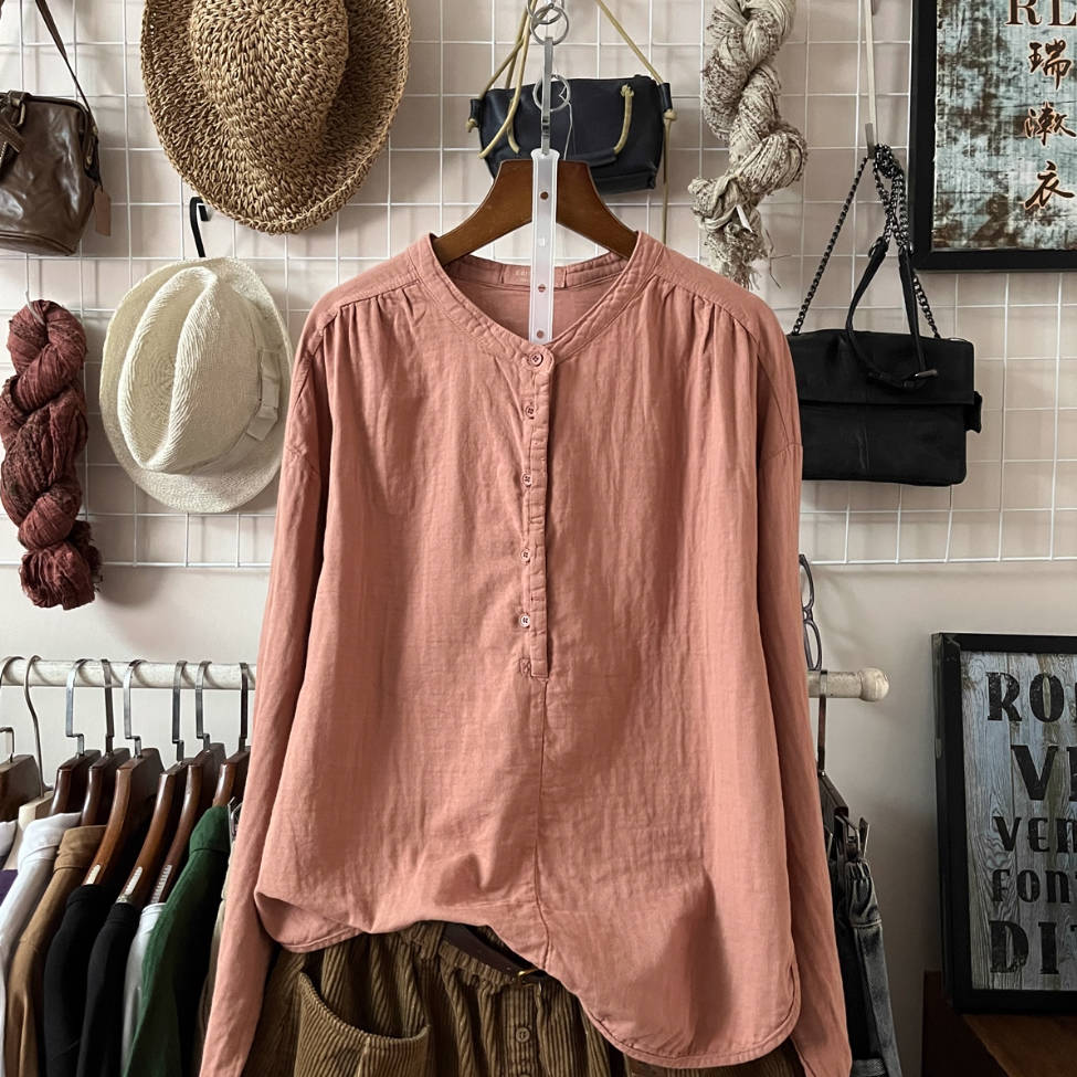 Solid Color Round Neck Single-Breasted Long Sleeves Shirt