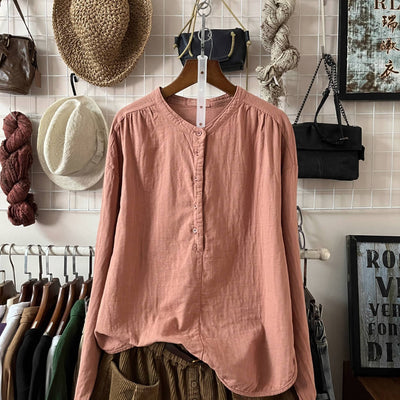 Solid Color Round Neck Single-Breasted Long Sleeves Shirt