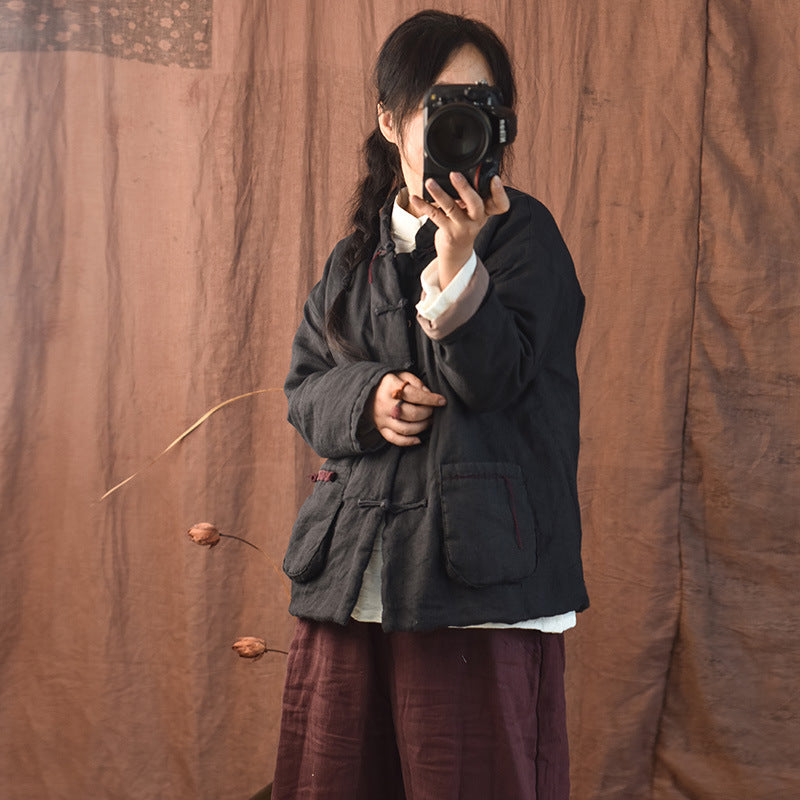 Winter Warm Ramie Cotton-In Stand Collar Frog Button Loose Coat