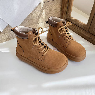 Sueded Top Leather Patchwork Soft Flat Sole Lace-Up Boots