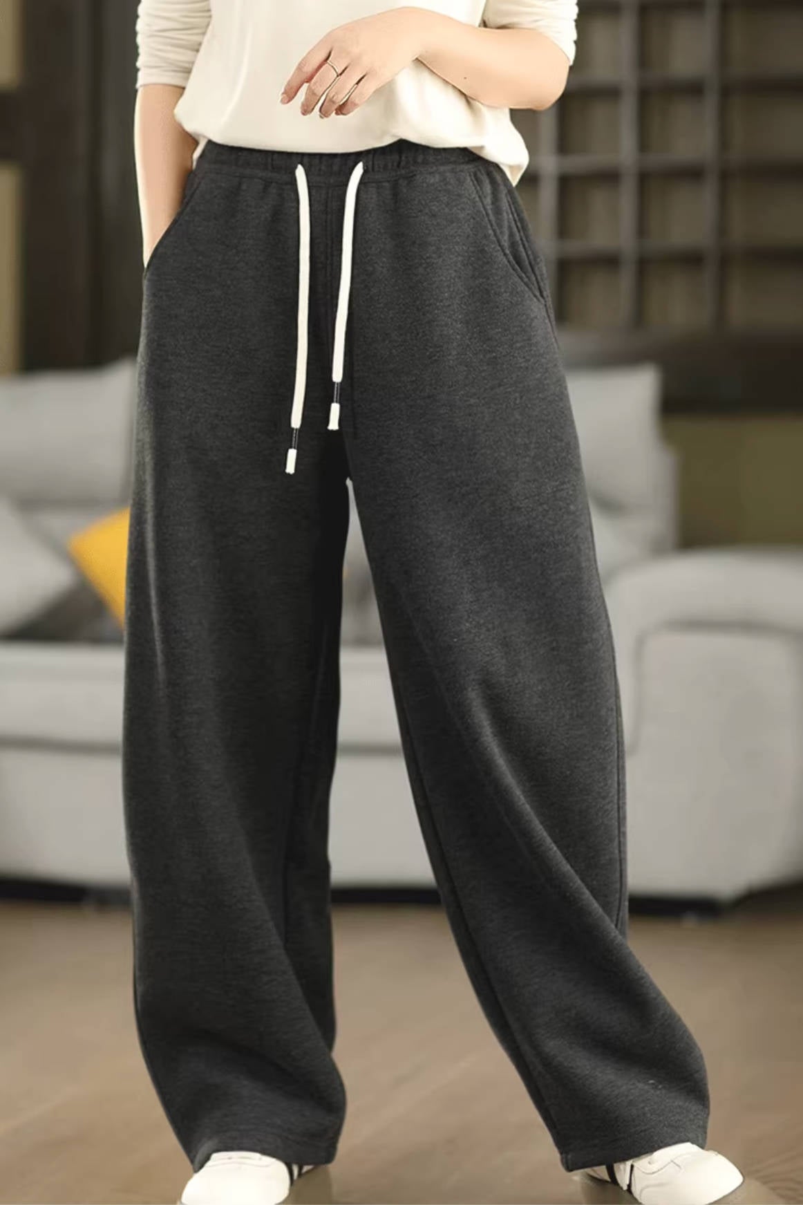 Cotton Casual Loose Fleece-Lined Warm Lace-Up Pants