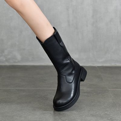 Retro Top Leather Soft Sole Low Heeled Zipper Mid-Calf Boots