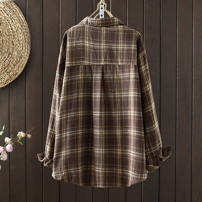 Vintage Plaid Casual Shirt Long Sleeve Oversized Thin Blouse