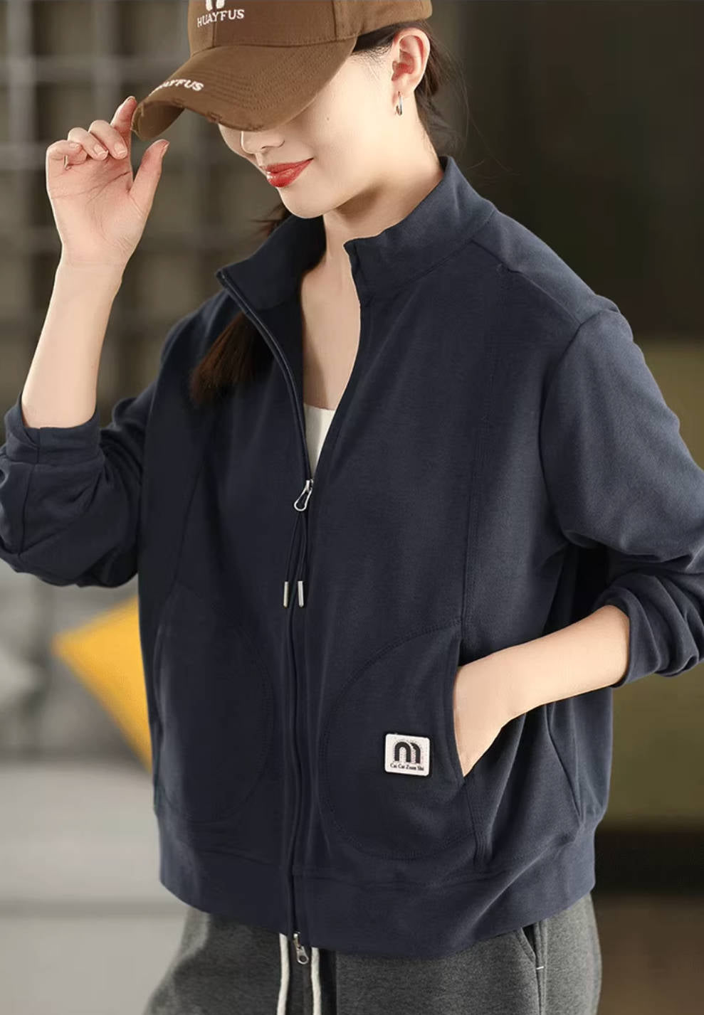 Sport Fashion Warm Stand Collar Zipper Solid Color Jacket
