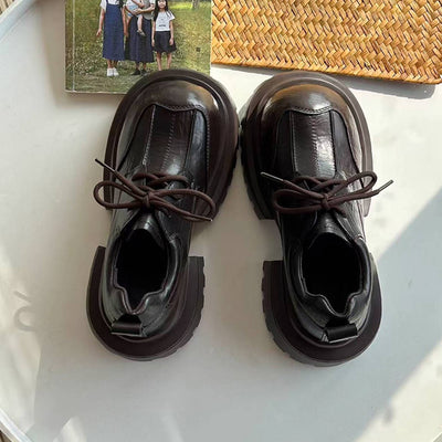 Retro Leather Wide Toe Platform Thick Sole Lace-Up Shoes