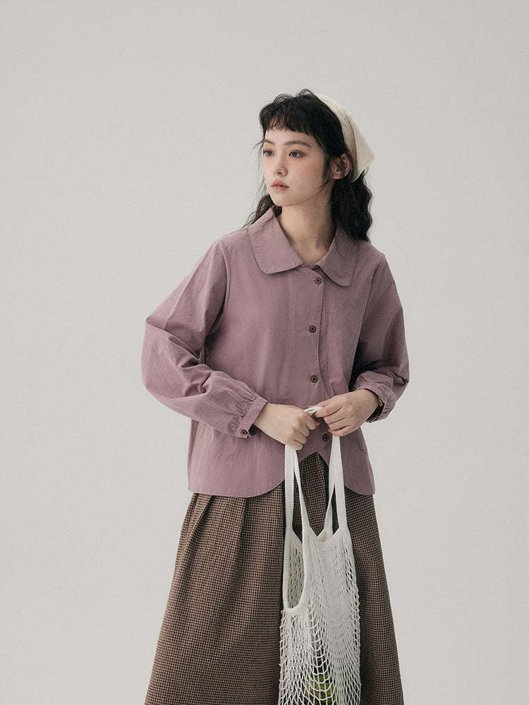 Autumn Cotton Retro Solid Color Lantern Sleeves Irregular Shirts