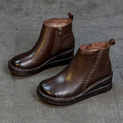 Winter Retro Leather Platform Thick Soft Sole Plush Boots