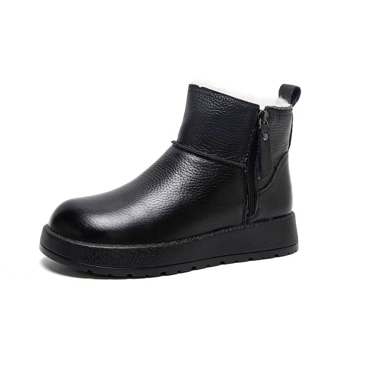 Winter Leather Warm Soft Flat Sole Wool-In Zipper Ankle Boots