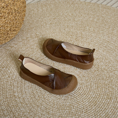 Solid Color Retro Leather Soft Sole Shallow Slip-On Flat Shoes