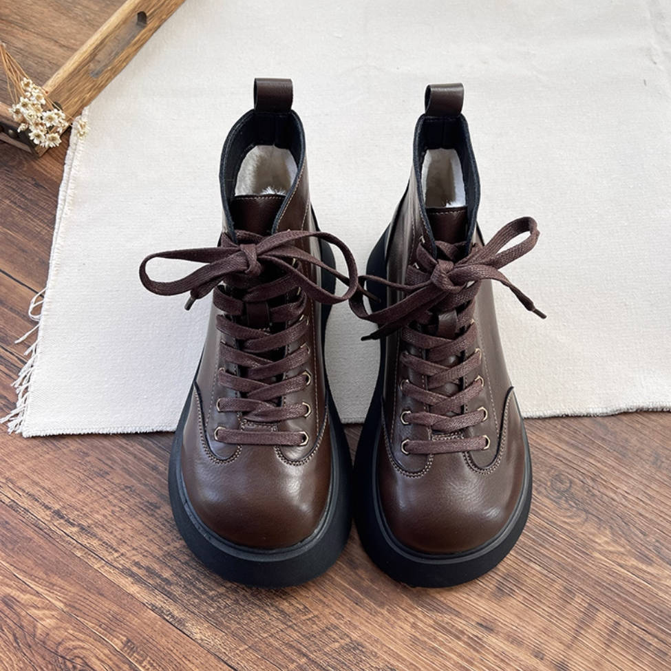 Women Retro Leather Trendy Round Toe Lace-Up Fashion Ankle Boots