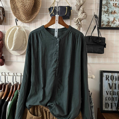 Solid Color Round Neck Single-Breasted Long Sleeves Shirt