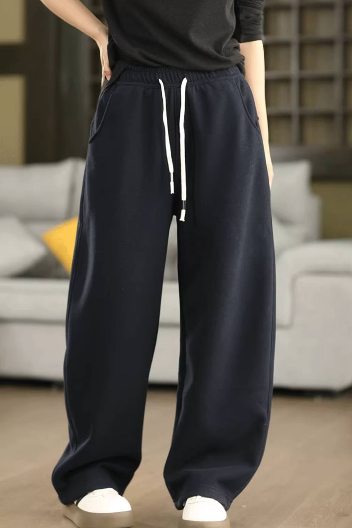 Cotton Casual Loose Fleece-Lined Warm Lace-Up Pants