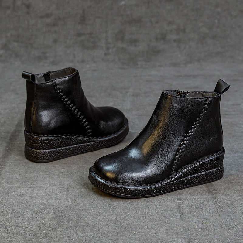 Winter Retro Leather Platform Thick Soft Sole Plush Boots