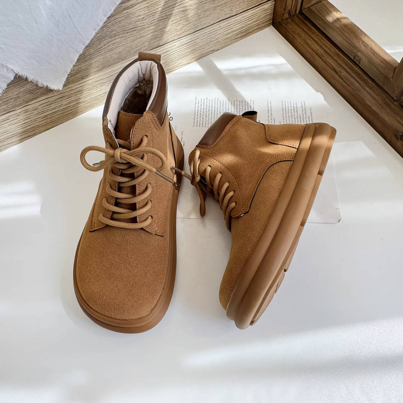 Sueded Top Leather Patchwork Soft Flat Sole Lace-Up Boots