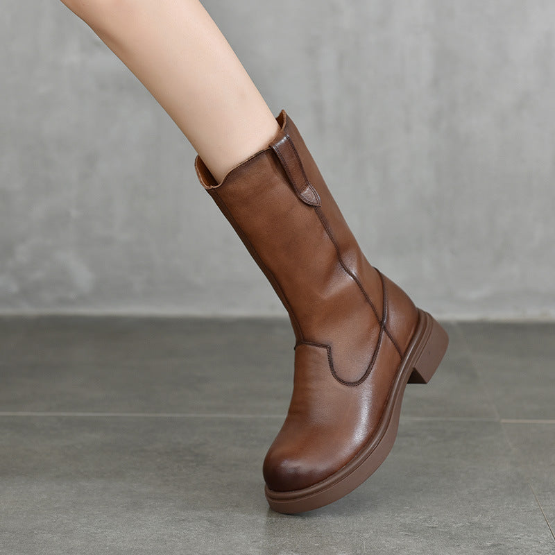 Retro Top Leather Soft Sole Low Heeled Zipper Mid-Calf Boots