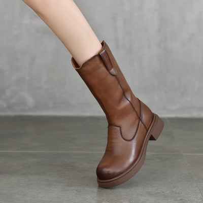 Retro Top Leather Soft Sole Low Heeled Zipper Mid-Calf Boots