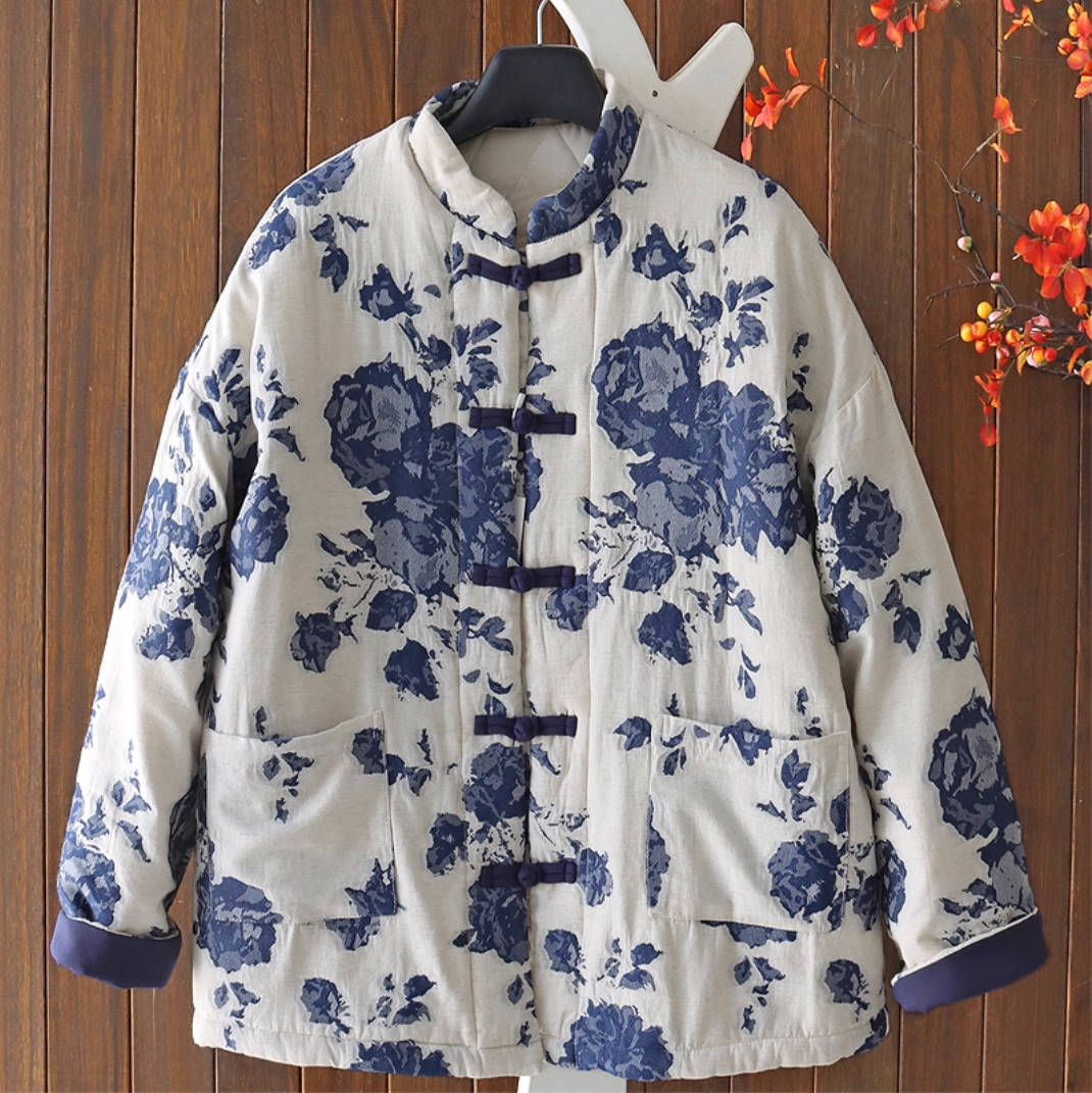 Chinese Style Stand Collar Floral Printed Frog Button Cotton-In Coat
