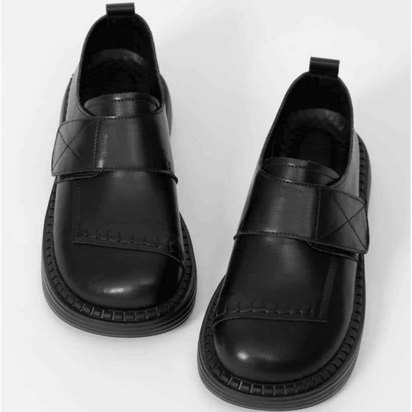Top Leather Retro Solid Color Round Toe Velcro Flat Shoes