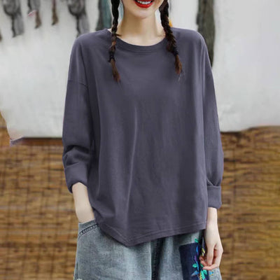 Autumn 100% Cotton Solid Color Round Neck Long Sleeves Pull o vers