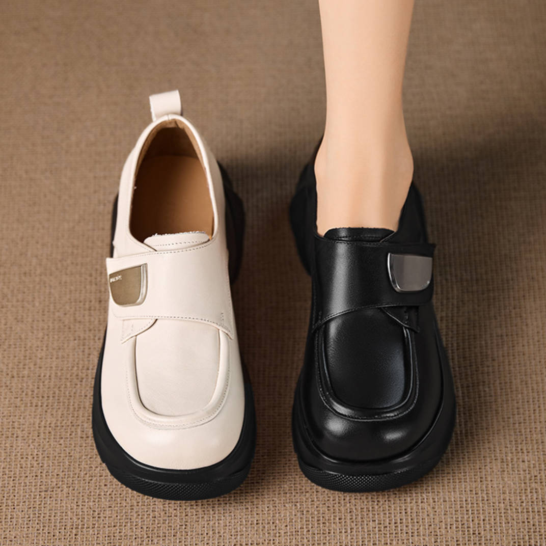 Casual Leather Round Toe Platform Velcro Loafers