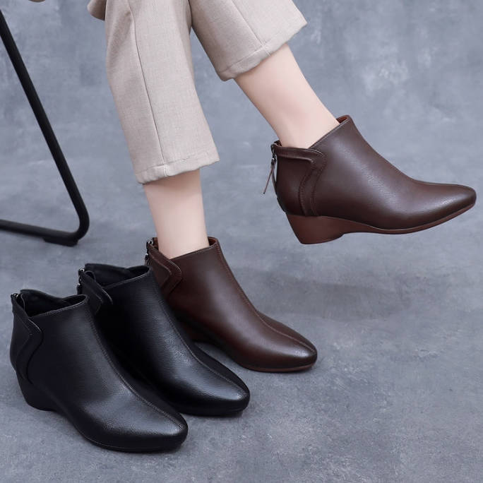 Sheepskin Leather Autumn Pointed Toe Versatile Zipper Ankle Boots