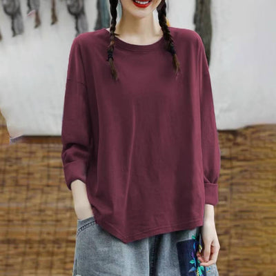 Autumn 100% Cotton Solid Color Round Neck Long Sleeves Pull o vers