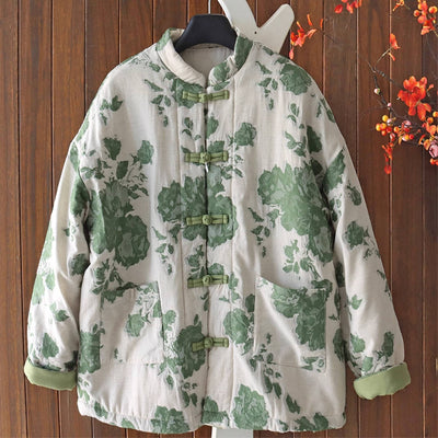 Chinese Style Stand Collar Floral Printed Frog Button Cotton-In Coat