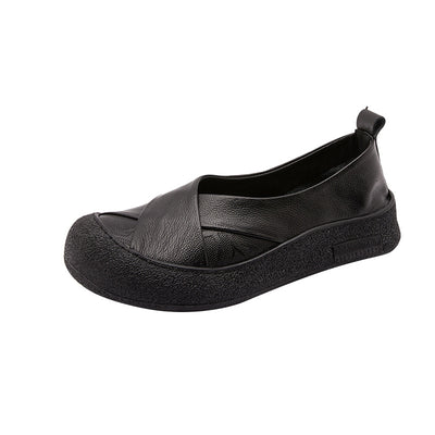Solid Color Retro Leather Soft Sole Shallow Slip-On Flat Shoes
