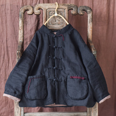 Winter Warm Ramie Cotton-In Stand Collar Frog Button Loose Coat