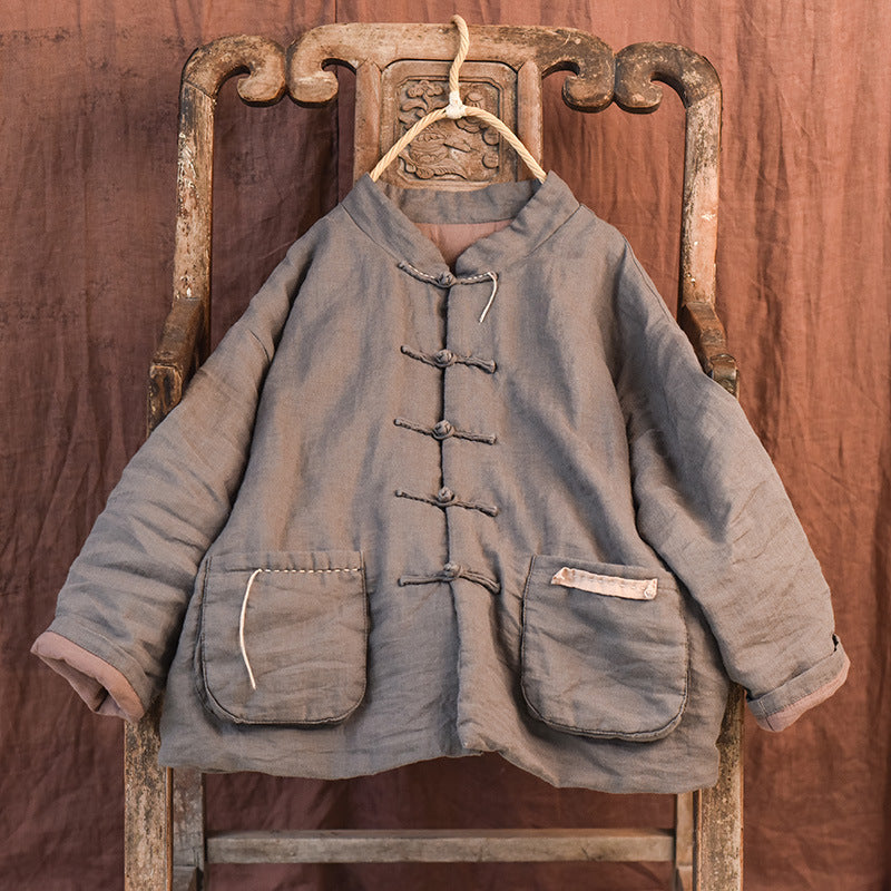 Winter Warm Ramie Cotton-In Stand Collar Frog Button Loose Coat