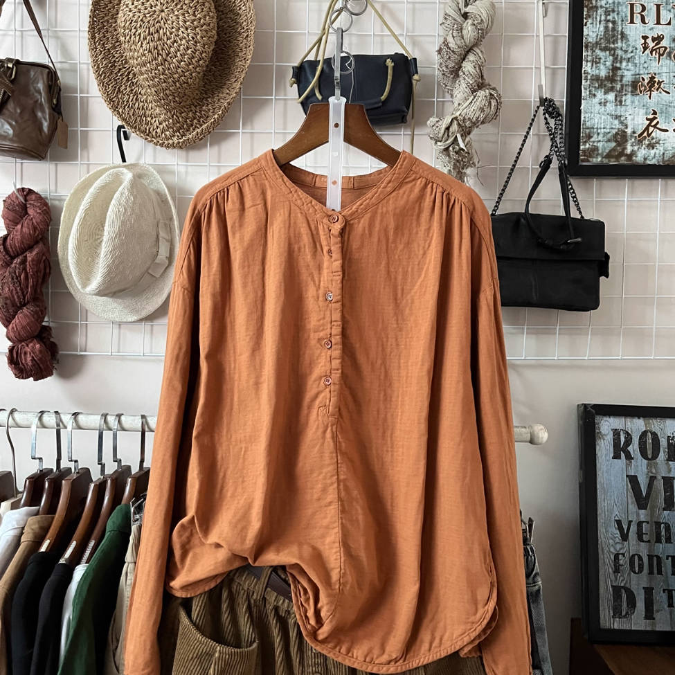 Solid Color Round Neck Single-Breasted Long Sleeves Shirt