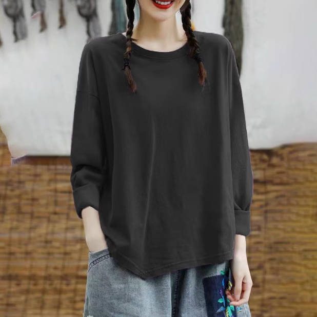Autumn 100% Cotton Solid Color Round Neck Long Sleeves Pull o vers