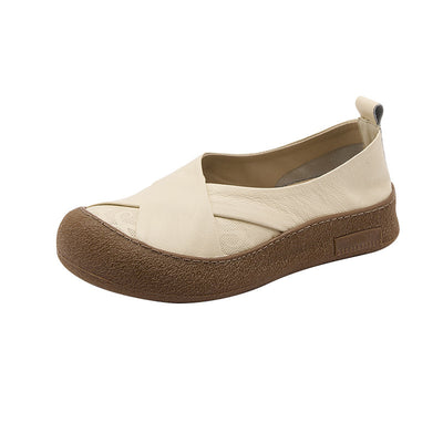 Solid Color Retro Leather Soft Sole Shallow Slip-On Flat Shoes
