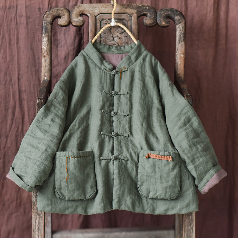 Winter Warm Ramie Cotton-In Stand Collar Frog Button Loose Coat