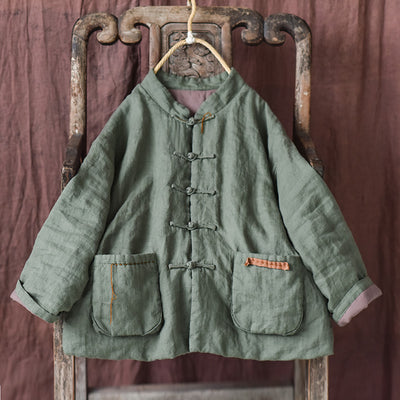 Winter Warm Ramie Cotton-In Stand Collar Frog Button Loose Coat