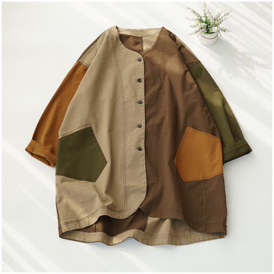 Plus Size Women Retro Color Block Mid-Length Loose Jacket