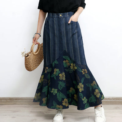 Women Autumn Vintage High-Waist Striped Floral Denim Skirt