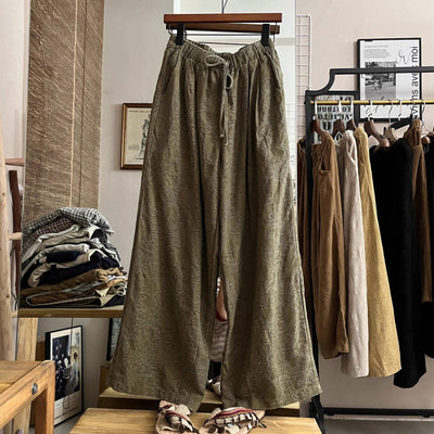 Retro Casual Cotton Loose Jacquard Lace-Up Cropped Pants