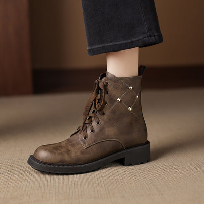 Vintage Fashionable Leather Studs Lace-Up Chunky Boots
