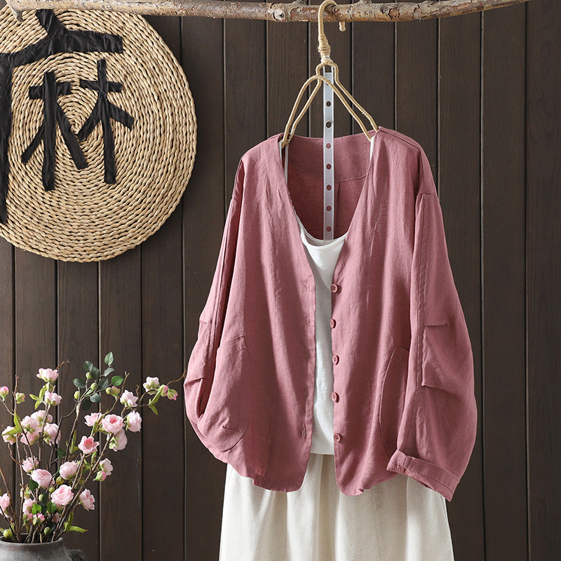 Cotton Casual Oversized Solid Color V-Neck Long Sleeves Blouse