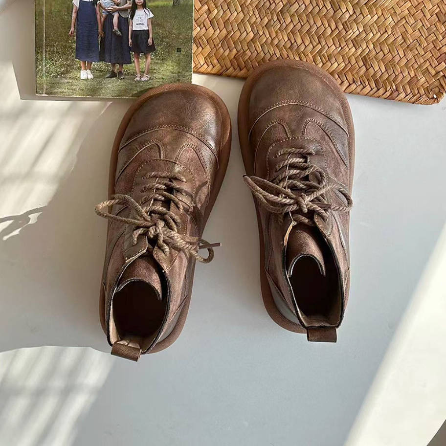 Genuine Leather Casual Round Toe Lace-Up Soft Sole Flat Shoes