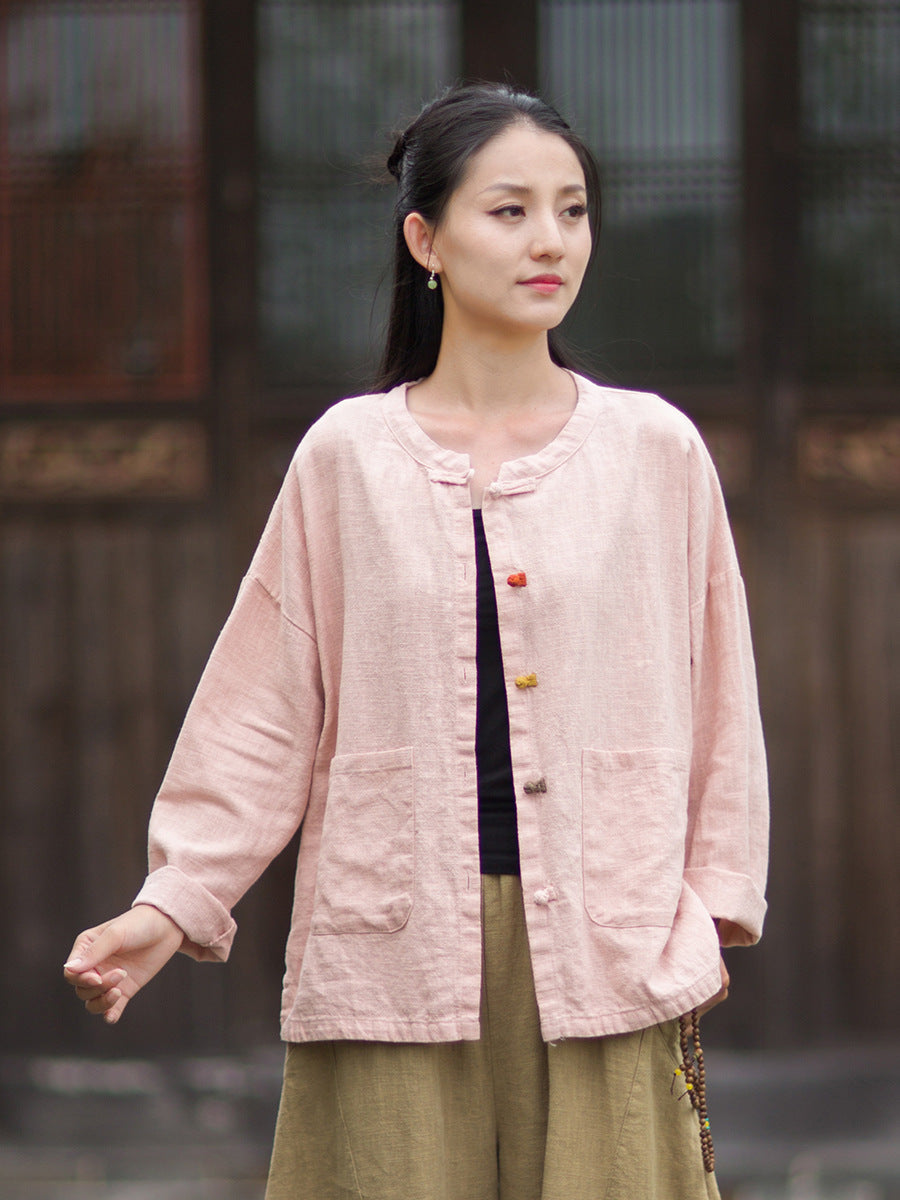 Babakud Retro Ramie Round Neck Single Breasted Loose Shirt