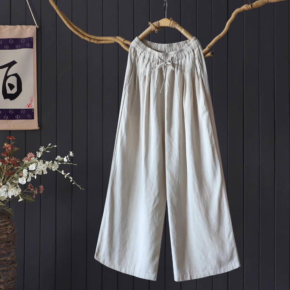 Retro Linen Autumn Loose Solid Color Casual Elastic Waist Pants