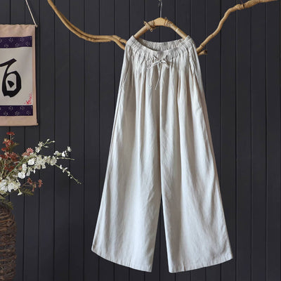 Retro Linen Autumn Loose Solid Color Casual Elastic Waist Pants