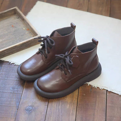 Retro Genuine Leather Round Toe Lace-Up Casual Ankle Boots